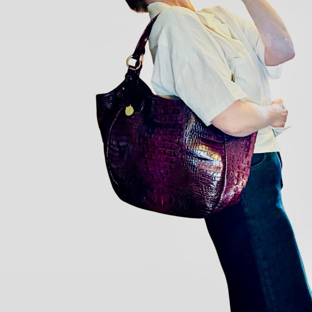 Brahmin Jacqueline Melbourne Fig Croc Embossed Wine Hobo Shoulder Bag Tote Gold - Picture 6 of 16